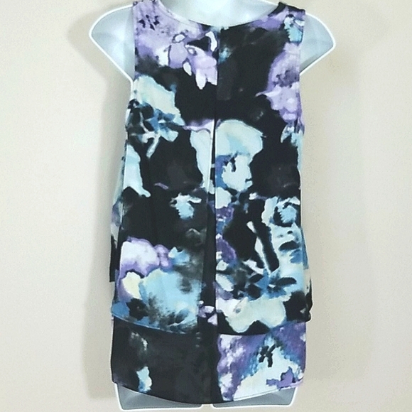 Tunic Tank top sleeveless flowy blue watercolor print beaded collar Layered - Picture 4 of 8